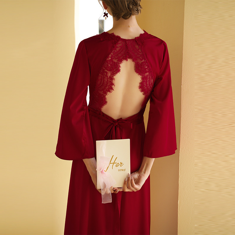 Wedding Morning Gown Female Bride Bridesmaid Ice Silk Long Nightgown Spring and Autumn Wedding Red Pajamas Bathrobe Home Clothes