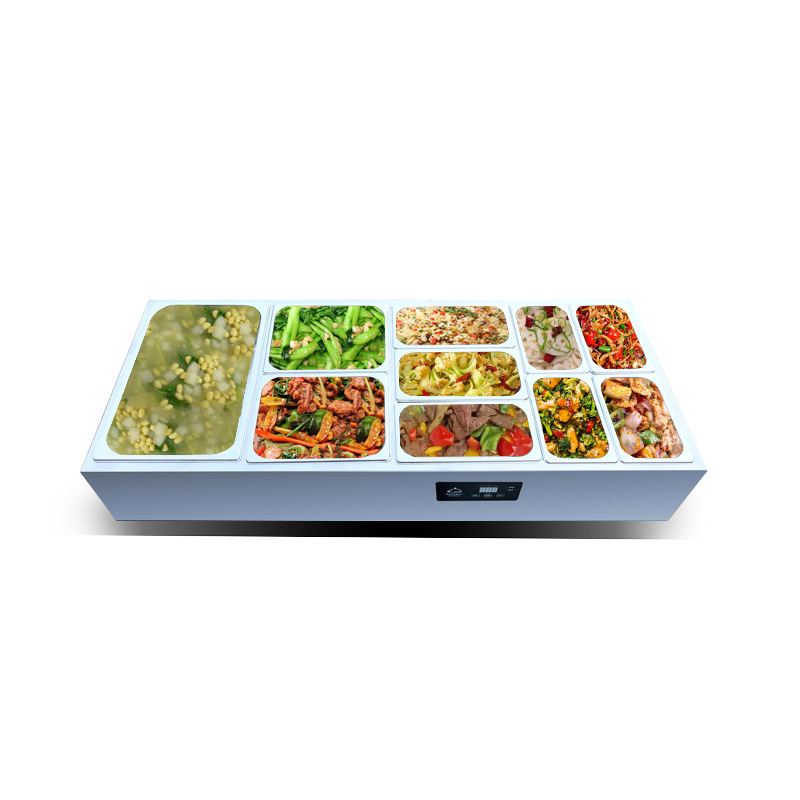 Mesa de aislamiento térmico de comida rápida Mesa de comedor de aislamiento térmico de acero inoxidable Mesa de venta de verduras de calefacción eléctrica de mesa de aislamiento térmico de mesa de comida rápida