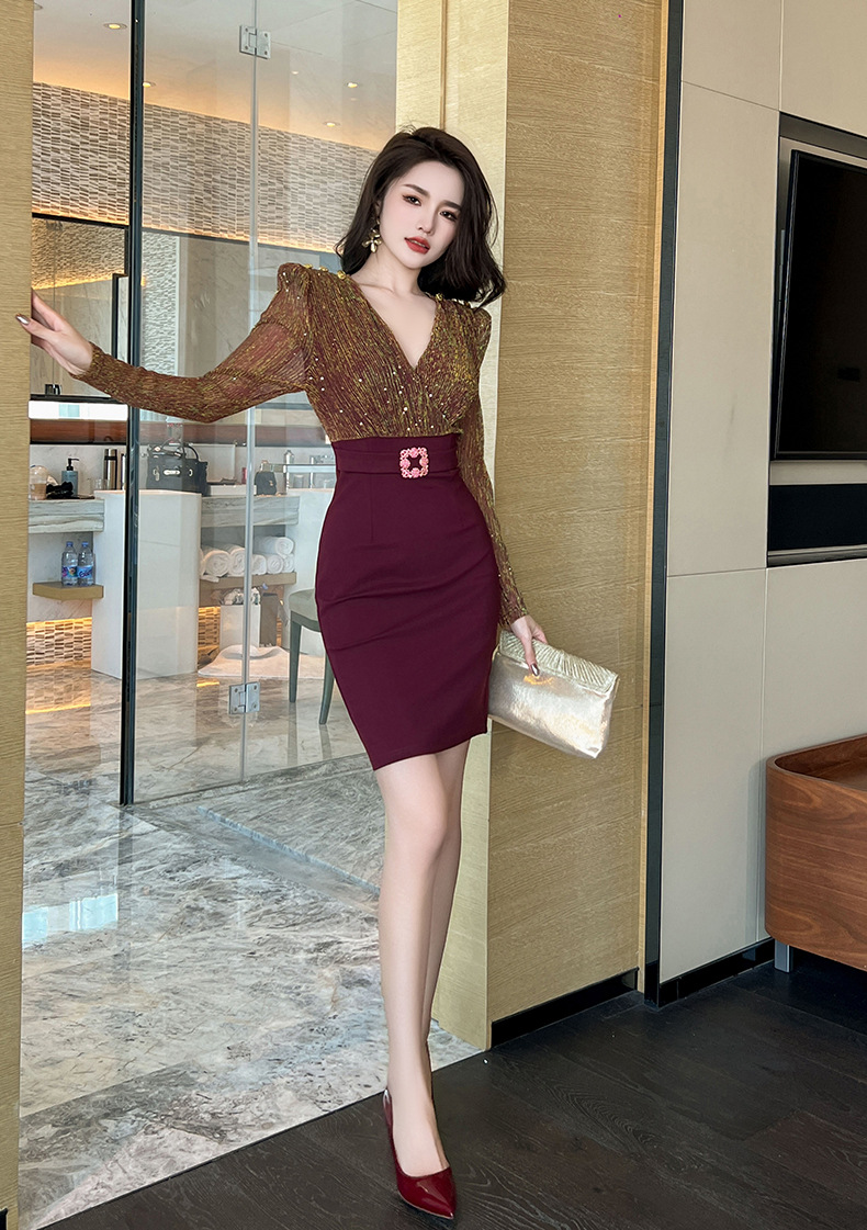 Váy bodycon cổ chữ V ôm eo giả hai mảnh phong cách trưởng thành — Màu vàng táo tàu chi tiết 11