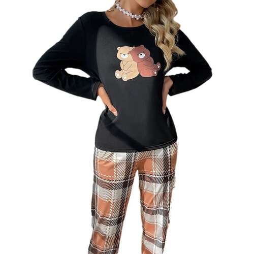 Western and Eastern Home Wear Fall and Winter Pajama Set with Long Sleeve Printed Plaid Pants, Two-Piece Set
