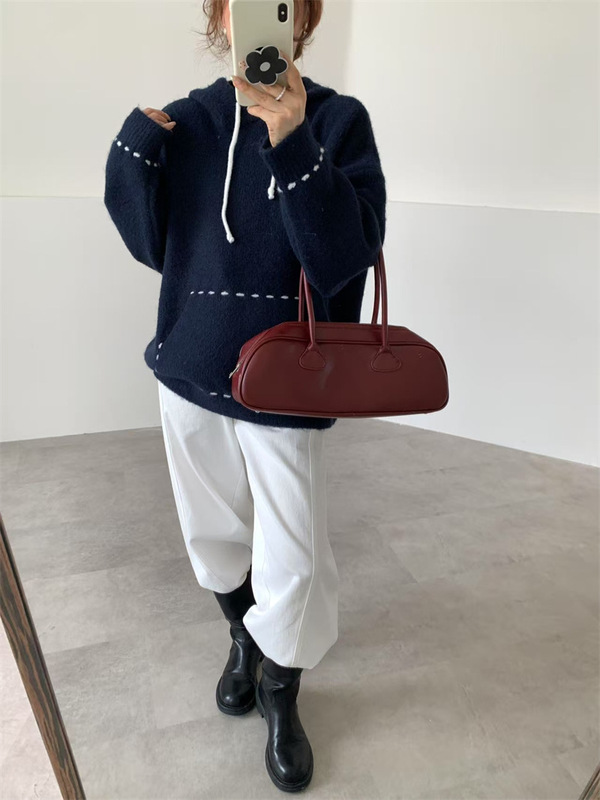 秋冬新款连帽毛衣女2025韩系宽松手工明线口袋小众慵懒风针织上衣|undefined