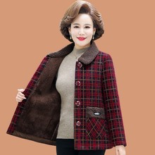 中年妈妈冬装加绒加厚水貂绒外套小个子中老年女格子短款毛呢上衣