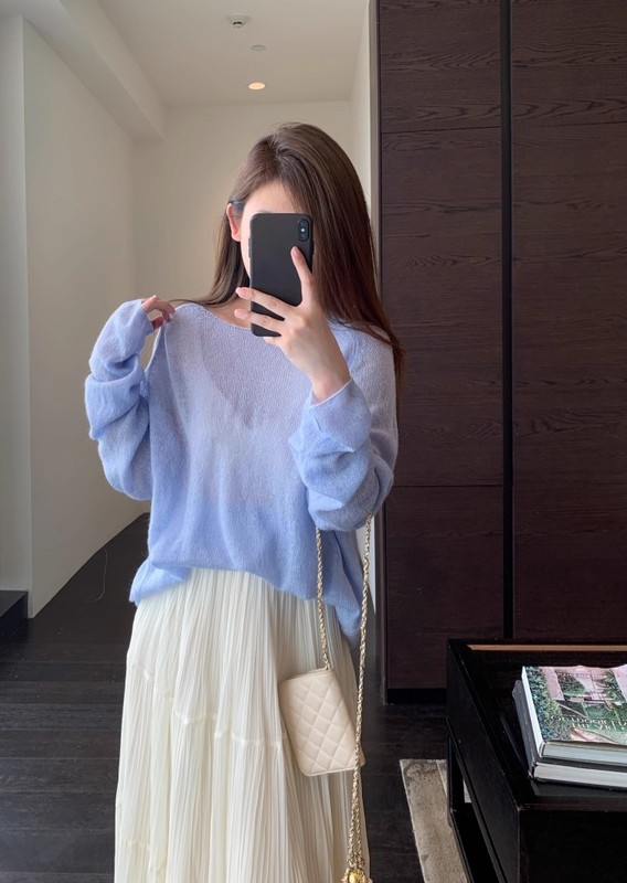 A138291温柔甜美 马海毛混纺薄款显瘦长袖针织衫上衣女毛衣秋新|undefined
