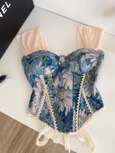 (Cross-border trading), retro lace autumn top with cups, belt, fitted brace, bra top, french style, flowered