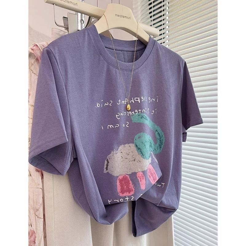 Cartoon Elephant Print Purple Snowflake Cotton Short-Sleeved T-Shirt for Women Summer Thin Slightly See-Through Right Shoulder Round Neck Loose Top Cartoon Elephant Print Purple Snowflake Cotton Short-Sleeved T-Shirt for Women Summer Thin Slightly See-Through Right Shoulder Round Neck Loose Top