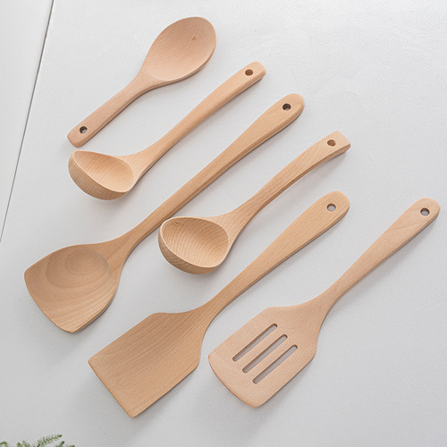 Beech paint-free and wax-free kitchen cooking wooden spatula set long handle cooking spatula wooden spoon spatula set
