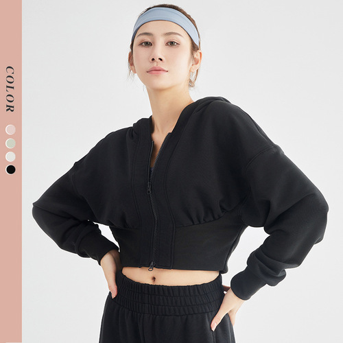 Maichang hooded yoga clothing top running sports short yoga clothing women's long-sleeved slim fitness clothing jacket women