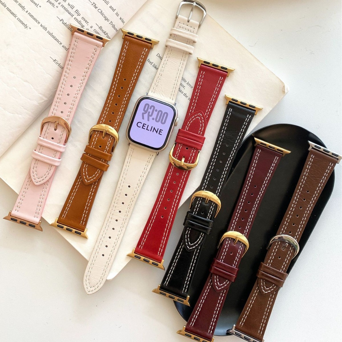 Suitable for S11 Generation Apple Watch Apple Watch 10 Generation Wide Leather Double Car Line Men's and Women's Iwatch98 Strap