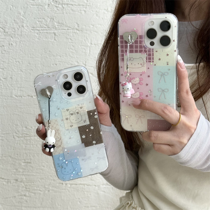 Niña costura ins kt conejo para 15ProMax Apple 16 funda para teléfono iPhone 13/14 colgante 16PM