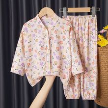 跨境夏季儿童棉绸睡衣空调服套装女孩男童薄款宝宝亲子绵绸女童家