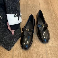 スポットモデル〜レトロな通勤用小さな革靴、リボン付き女性用、カメリア浅口シングルシューズ、太いヒール、本革メリージェーンシューズ