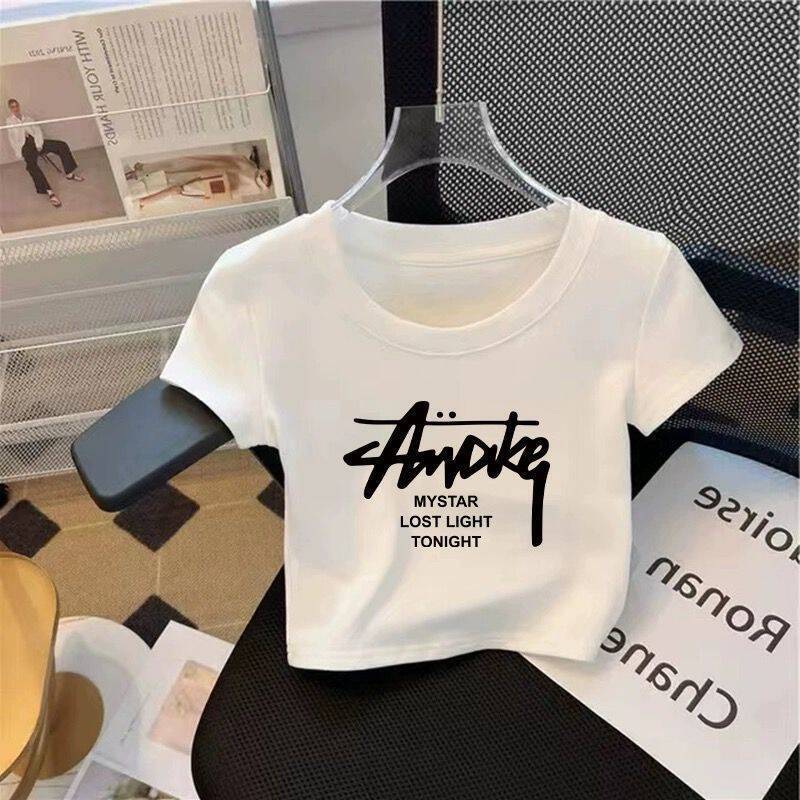 Cotton Short-sleeved T-shirt Women's White Shoulder Summer New Round Neck Shirt Slim-fit Short Navel Shirt
