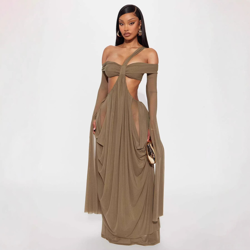 Cross-Border European and American New Fashion Stylish Solid Color Tube Top Dress with Patchwork Sleeves and Hollow-Out Mesh Dress for Women Cross-Border European and American New Fashion Stylish Solid Color Tube Top Dress with Patchwork Sleeves and Hollow-Out Mesh Dress for Women