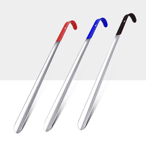 Stainless steel shoe horn, soft rubber, extra long hook shoe puller, convenient for lazy people to put on shoes, with hook metal shoe lift