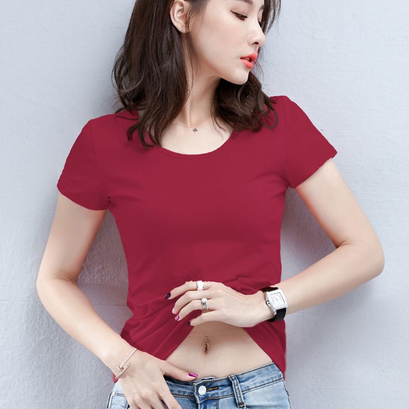 赤い肩の半袖のtシャツの女性の夏の修身の婦人服の丸首の半袖の底のシャツは年齢を減らして身の上着の卸売りを身につけます。|undefined