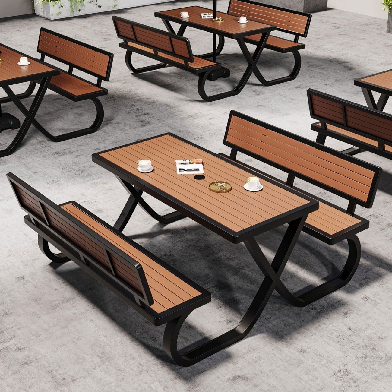 Simple outdoor park painted open-air dining commercial integrated booth seating, rainproof and sunproof plastic-wood combined table and chairs