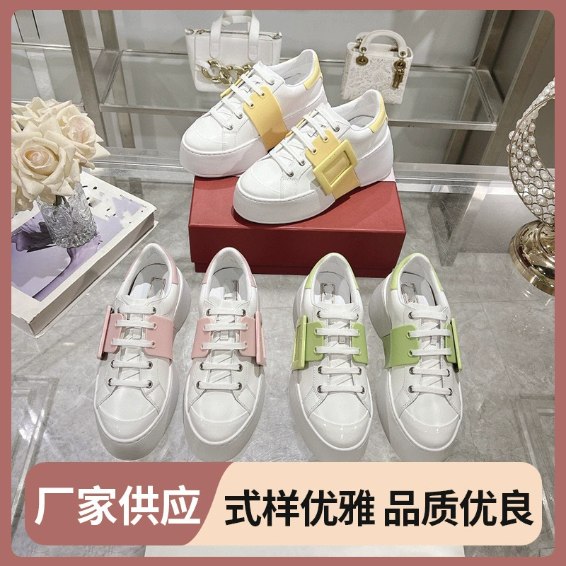 2024 новые 7.5cm маленькие белые туфли с толстой кожей повседневная круглая головка шнуровка спортивные туфли со стразами квадратная пряжка