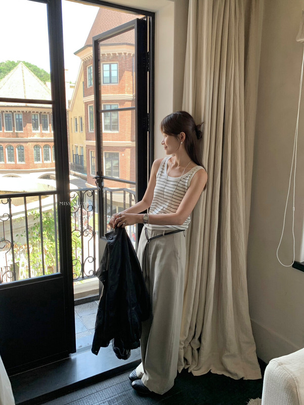 【MISS密思家正品店】休闲百搭压线弯刀裤休闲裤女装(配皮绳)W685|undefined