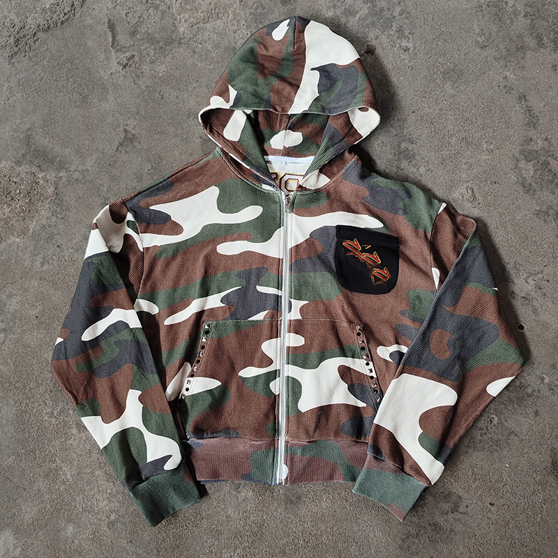 Customized 400g Heavy French Terry Cloth Digital Printed Cardigan Zipper Men's Camouflage Hooded Sweatshirt Logo