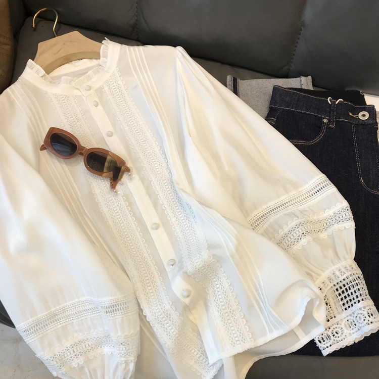 Super Fairy ~ French Palace Style Heavy Industry White Hollow Lace Front Pleated Tiansi Cotton Wood Ear Collar Shirt Women's Spring and Autumn