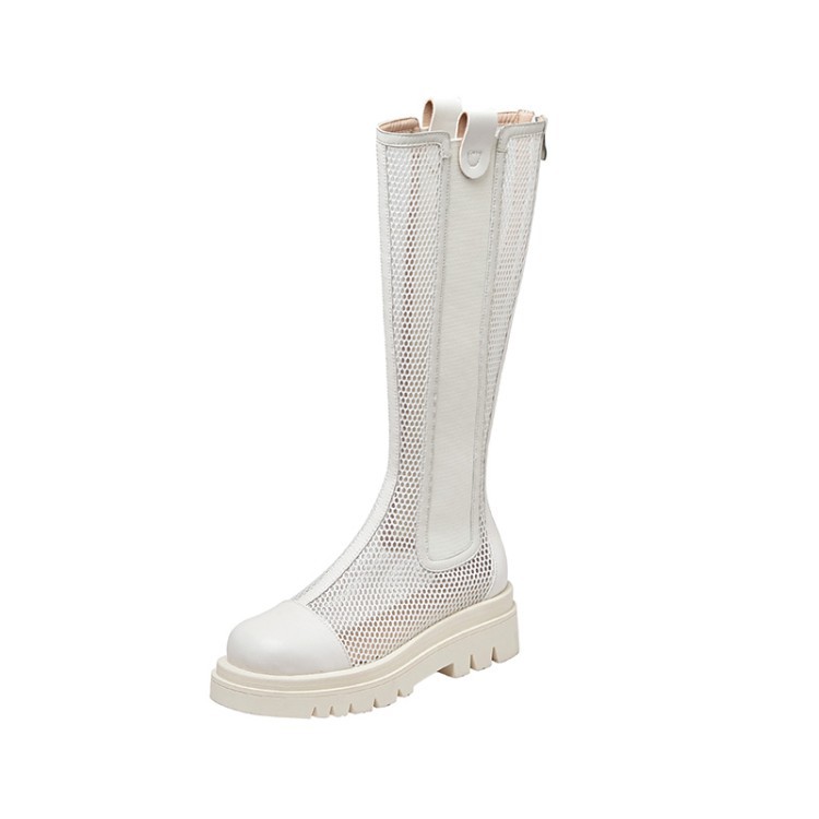 Boot lưới nữ da bò cổ cao thoáng khí mùa hè, đế dày, ống rộng cho chân to — Màu nâu ống lớn, Màu đen cổ ống lớn, Ống nhỏ màu đen, Chu vi ống lớn màu trắng be chi tiết 5