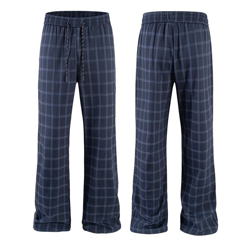 Why Are These Deep Blue Plaid Pants for Men so Popular? Summer Thin Style American High Street Straight-Leg Slightly Flared Pants Casual Sports Pants
