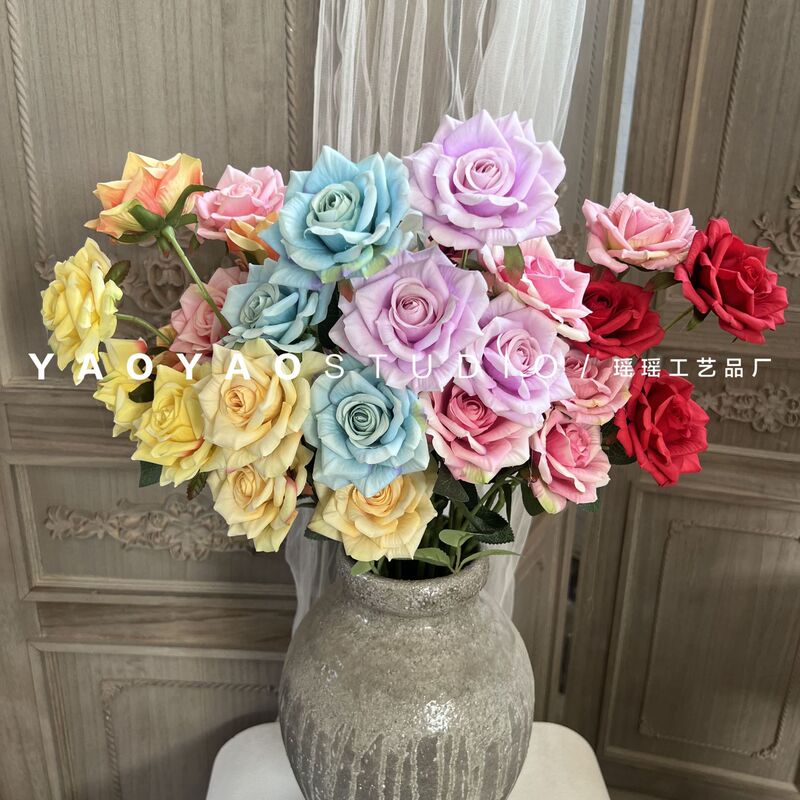 3-Headed Multi-Head Curled Rose Wedding Flower Arrangement for Home Decoration