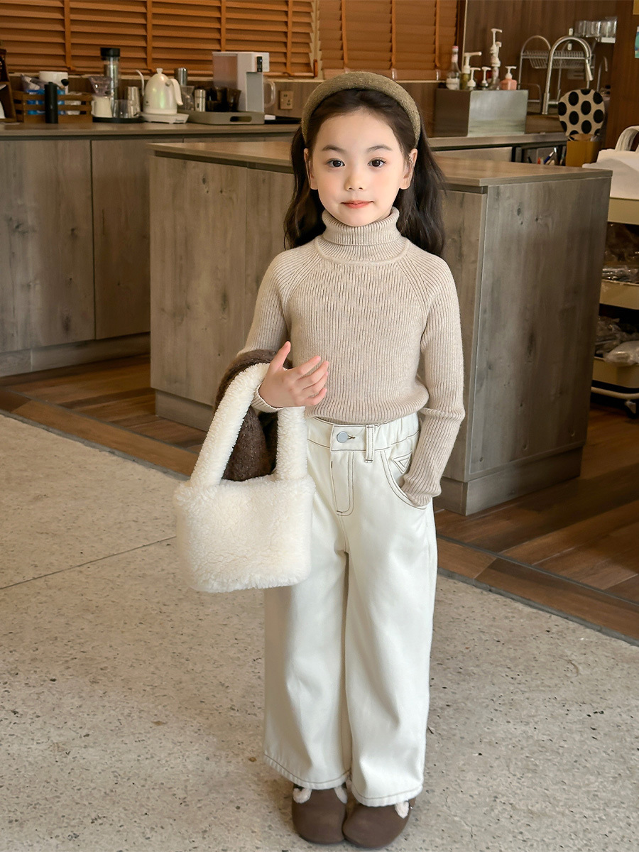Suéter de punto para niñas, estilo nuevo de otoño e invierno 2024, suéter de cuello alto para niños, color puro, medio cuello alto, prendas de punto para niños