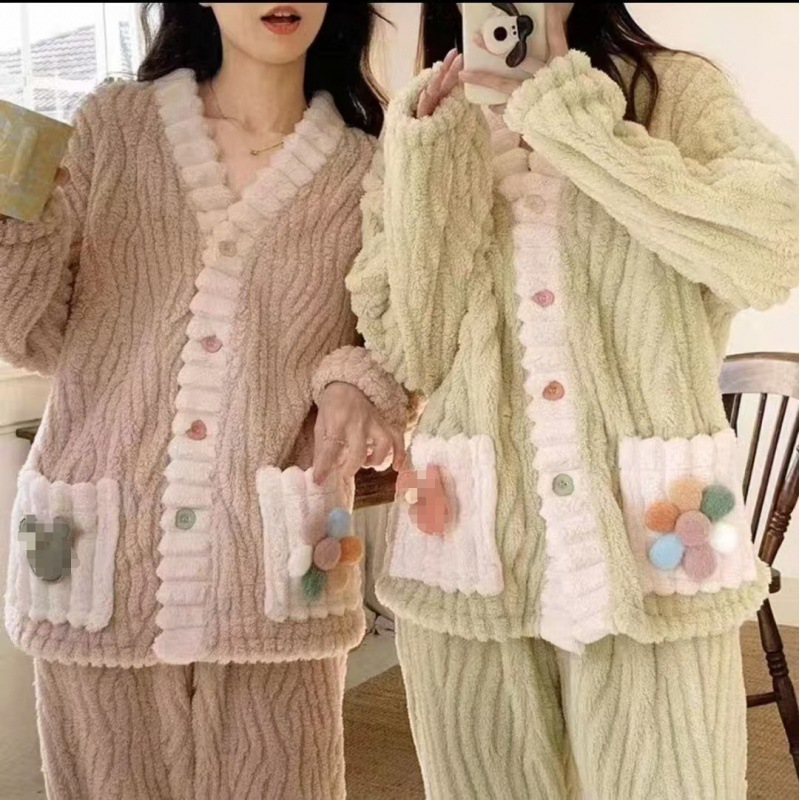 彩虹开衫套装睡衣女秋冬法兰绒长款加厚珊瑚绒睡袍甜美保暖家居服