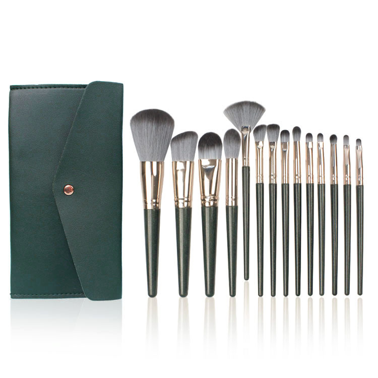 Nuevo set de brochas de maquillaje Green Cloud de 14 piezas, que incluye brochas para ojos, brochas para polvos sueltos y un juego completo de brochas de maquillaje para principiantes.