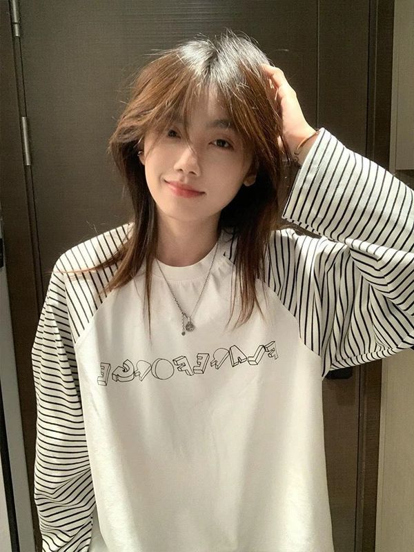 美式复古字母印花条纹长袖t恤女早秋新款设计感小众潮牌宽松上衣|undefined