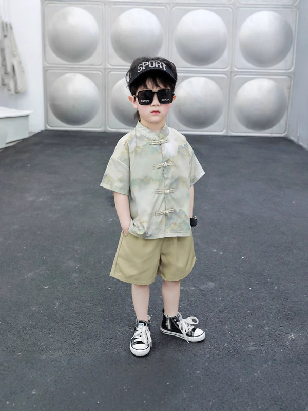 子供の漢服のスーツの夏服の男の子の新しい中国風の半袖のシャツの半ズボンの2つのセットの赤ちゃんの1歳のドレス|undefined