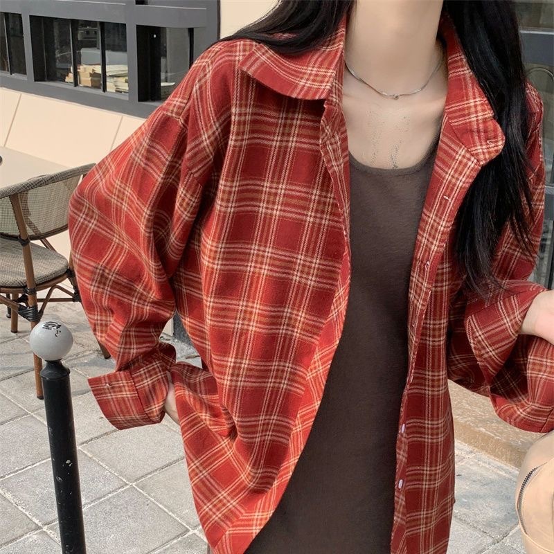 美式复古蓝色格子衬衫外套女2025秋季新款别致宽松休闲防晒衬衣潮|undefined