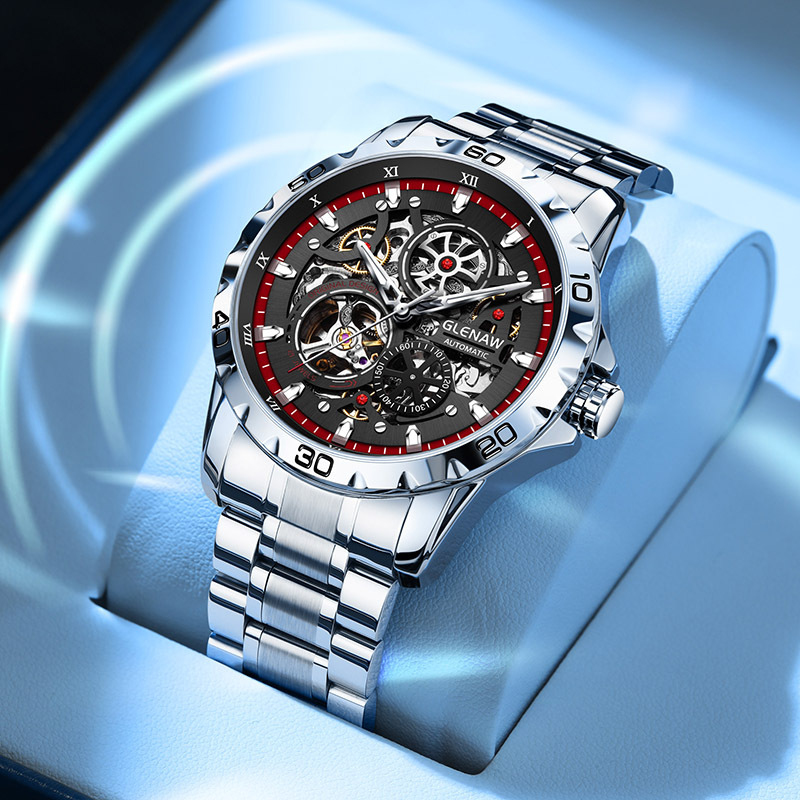 Đồng hồ nam automatic skeleton lộ máy hai mặt phát sáng dây thép chi tiết 8