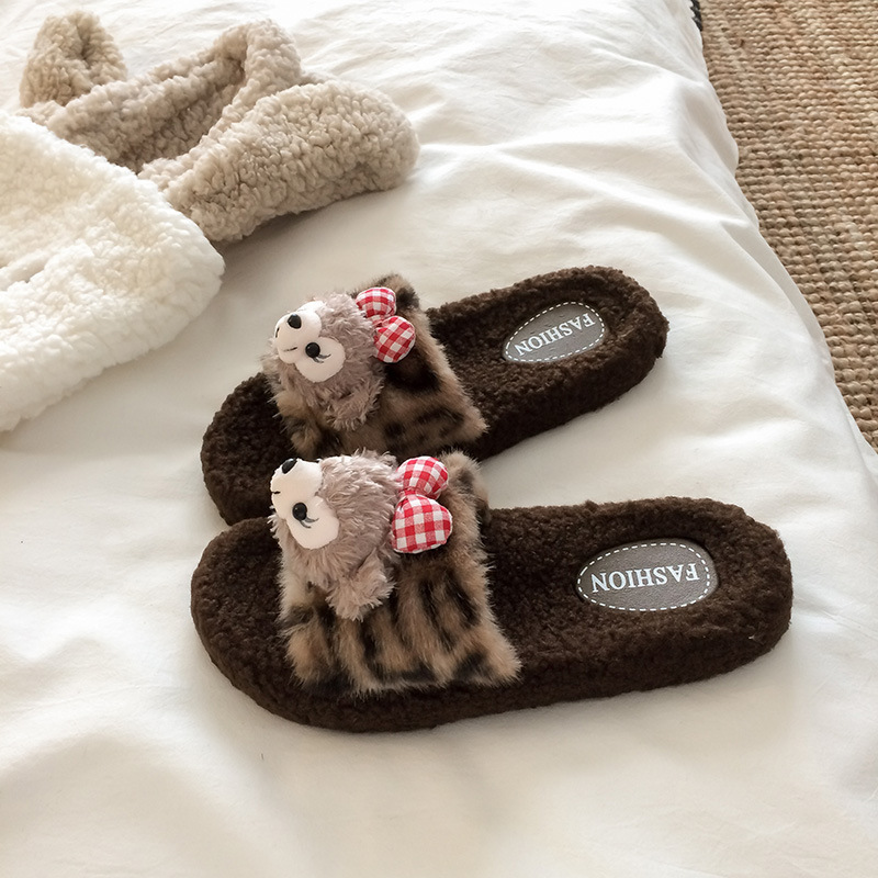 毛毛棉拖鞋女新款秋冬季居家室内防滑保暖家用豹纹猴休闲女士棉拖