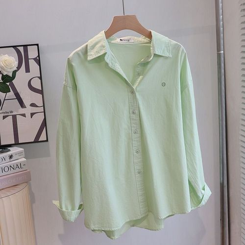 日系温柔风马卡龙色系纯棉宽松小众长袖白衬衫女秋装韩版叠穿上衣