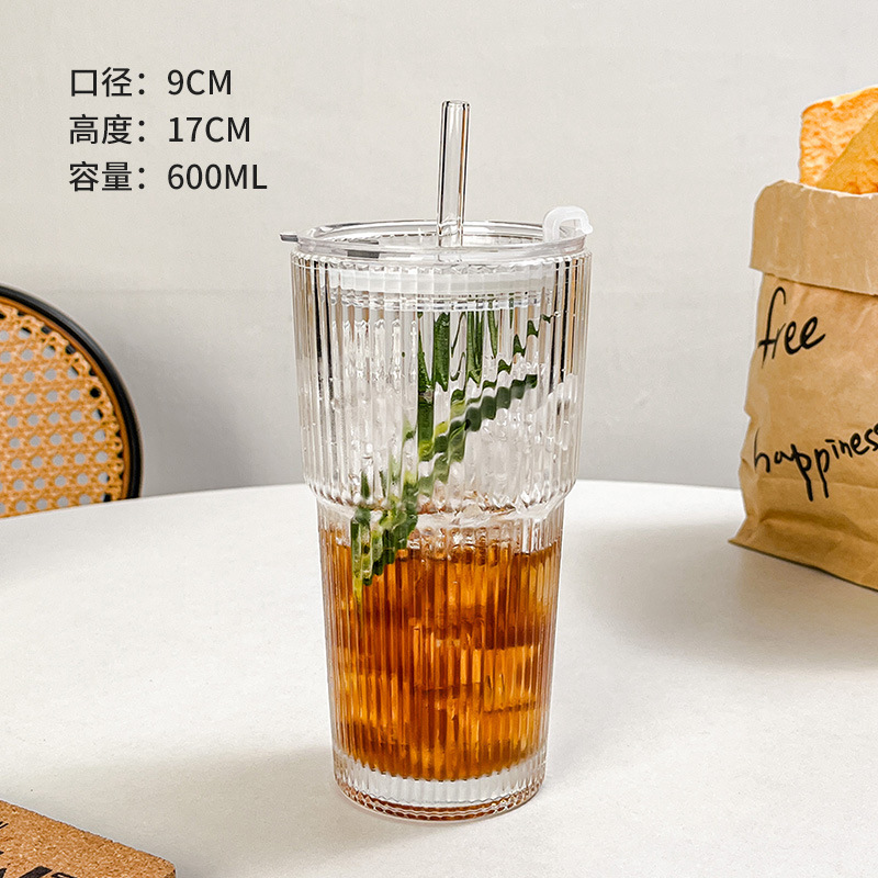 高颜値蓋付きストロー付き縦紋ガラスカップ大容量カップ夏氷コーヒーカップラテ飲料カップ|undefined