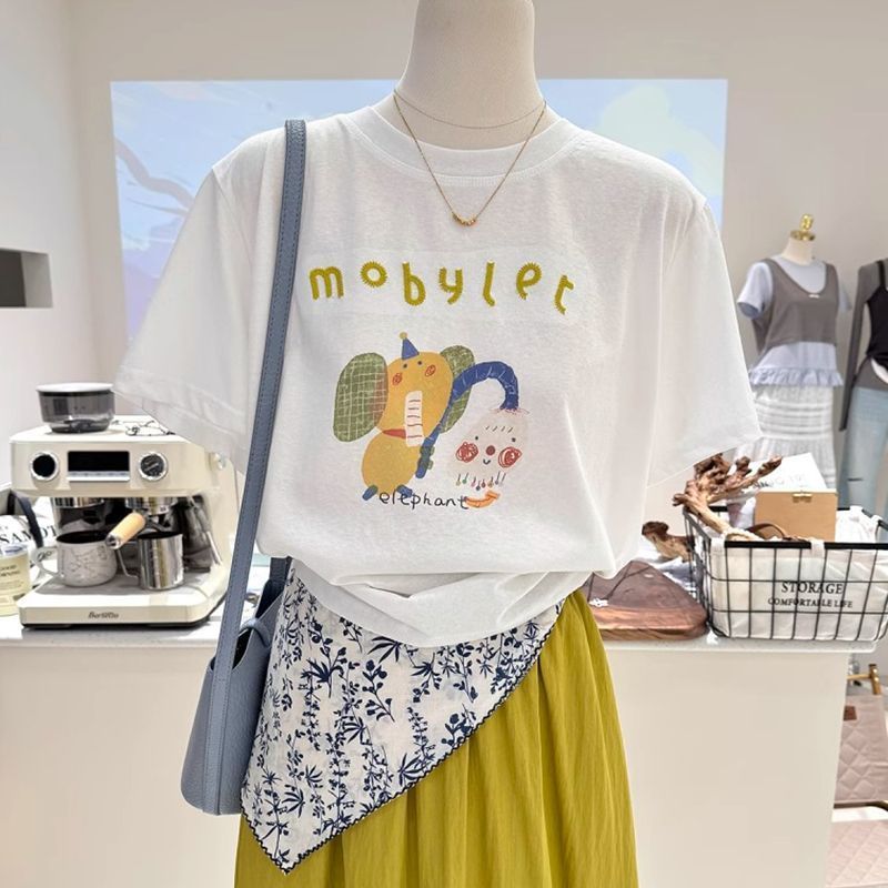 夏の新しいスタイルのルーズでスリムな半袖韓国スタイルの多用途漫画年齢軽減プリントボトムシャツ薄いTシャツレディーストップ|undefined