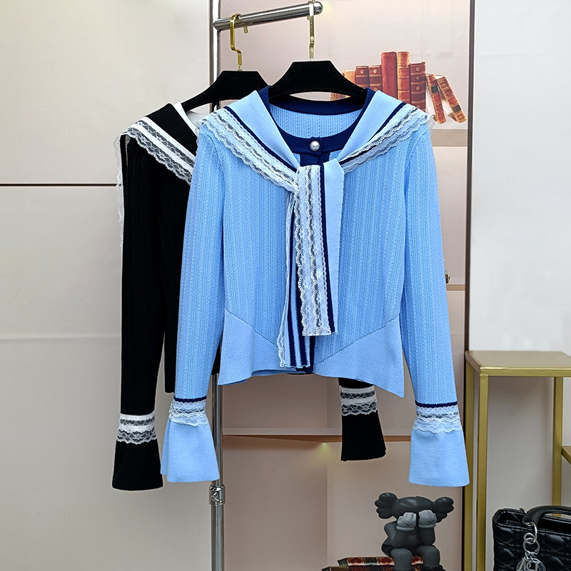 2025 Autumn/Winter New Navy Collar Shawl + Round Neck Lace Trim Knitted Cardigan Sweater for Women