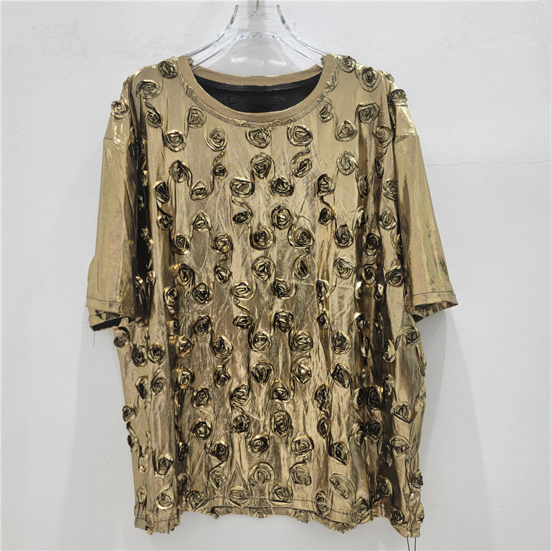 Ingeniería pesada europea y americana estampado estereo flor de cuello redondo camiseta de nicho diseño explosivo callejera camisa de manga corta