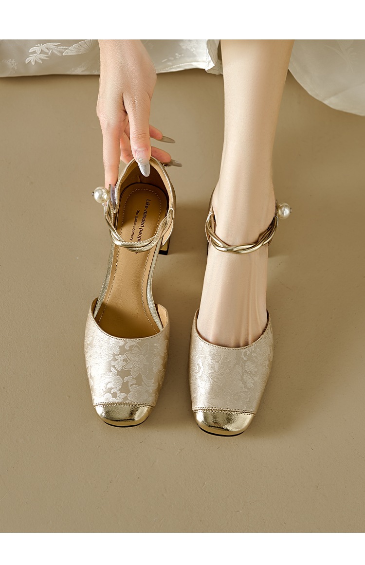 Sandal cao gót nữ bít mũi da bò phong cách Trung Hoa mới, quai ngang một dây, gót vuông ổn định — Màu xanh lá chi tiết 10