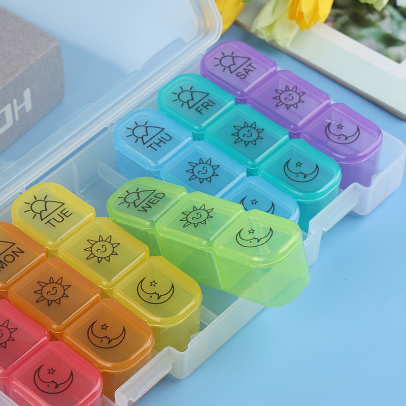 Cross-border grande 21-grid colorido 21-grid caja de la medicina caja de almacenamiento caja de clasificación compartimiento de plástico portátil caja de la medicina siete días a la semana
