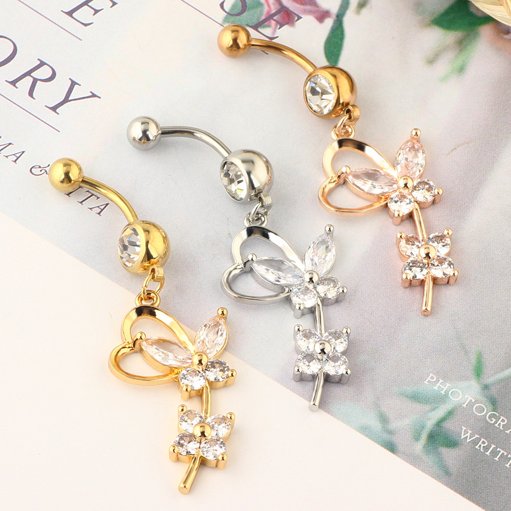 Rose Gold Butterfly Belly Button Ring Stainless Steel Dangle Navel Jewelry for Women Body Piercing detail image 7