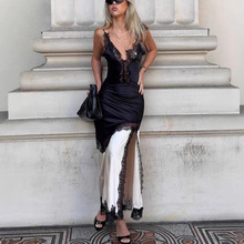 独立站亚马逊欧美女装拼色连衣裙花边拼接不对称吊带蕾丝开叉8198