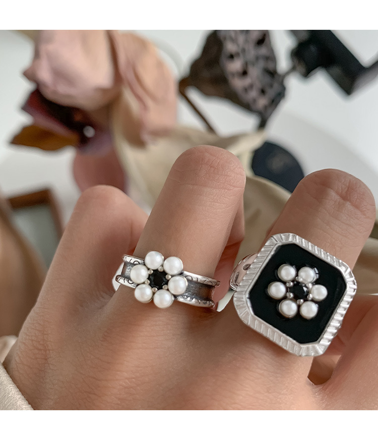 Hong Kong Stil Schwarz Emaille Blumen Silber Ring Retro Trend_voghion.com