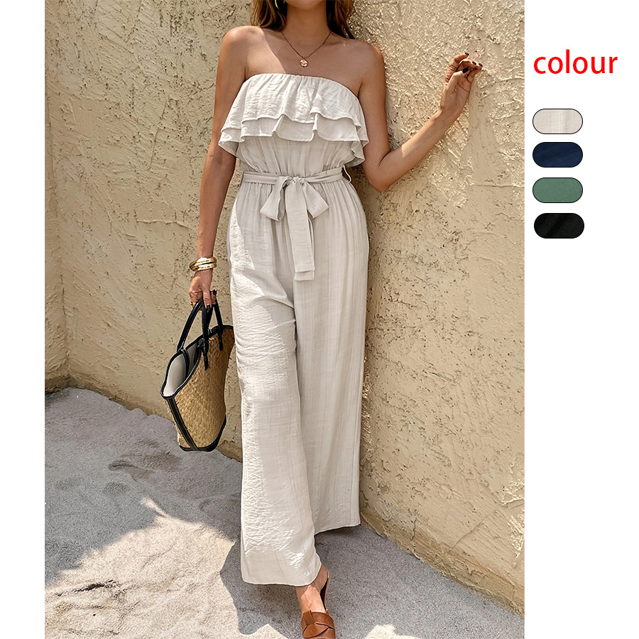 In Stock 2025 European and American Cross-Border Summer New Casual Tube Top Splicing Strap Pure Color Jumpsuit 6244