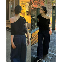 明星同款斜肩一字肩两穿宽松短袖T恤女夏显瘦百搭薄款上衣现货