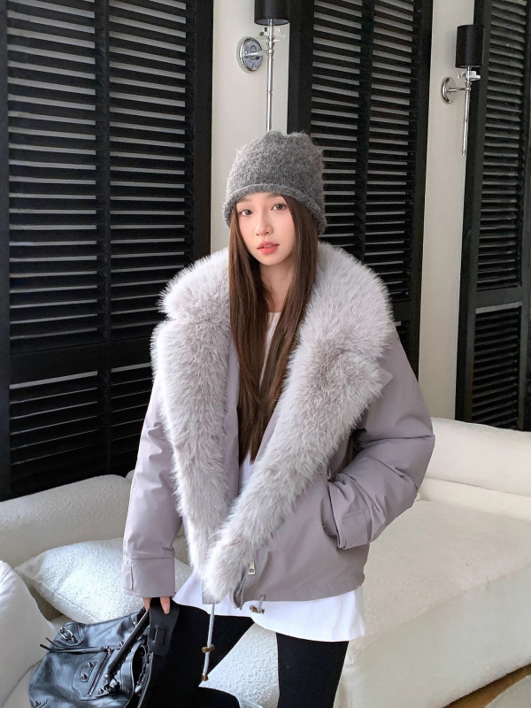 跨境复古翻领毛领外套女2025冬小个子加厚棉衣设计感短款潮棉服|undefined