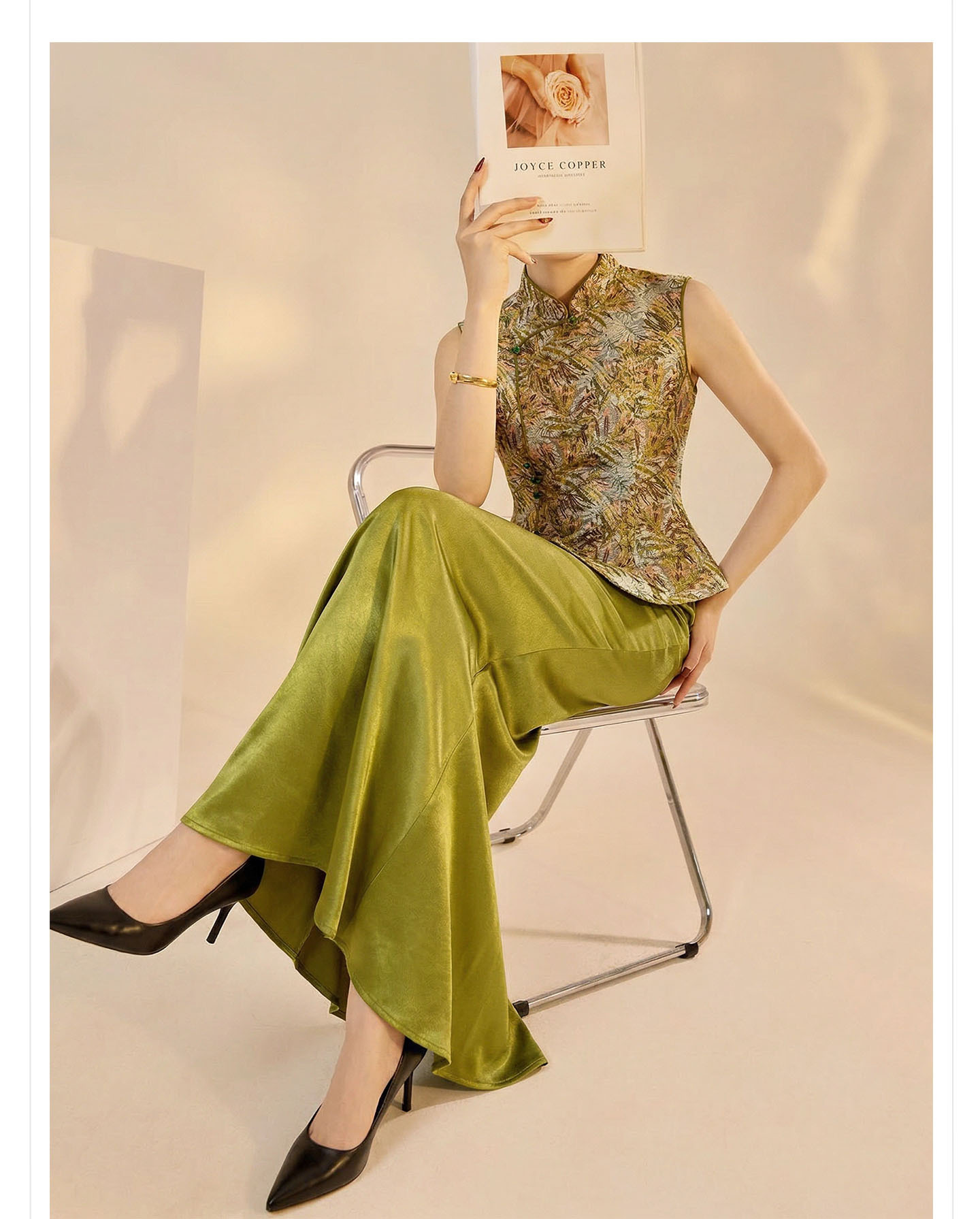 Set áo gi-lê không tay cổ đứng + chân váy midi jacquard phong cách Trung Quốc mùa hè — Màu xanh lá cây nửa váy, vàng nửa váy, Áo khoác xanh chi tiết 13