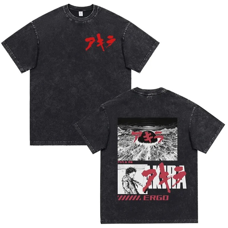 Washed Cotton T-Shirt Short-Sleeve Clothing Akira Men's Hip-Hop Unisex Streetwear Retro Heavyweight Millennium Style